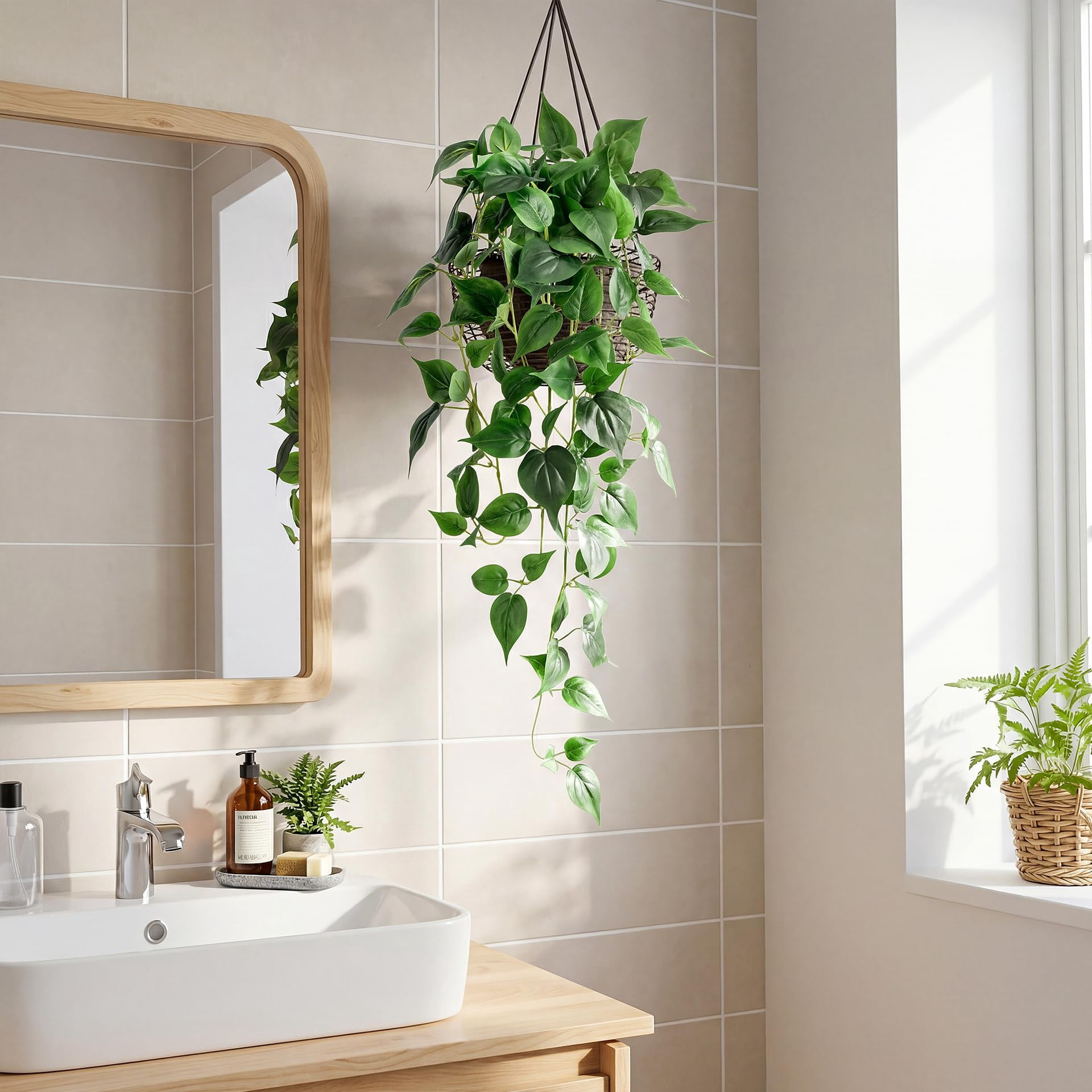 Fake Hanging Plants with Pots - Realistic Artificial Plant for Indoor Outdoor, 33In Silk Fake Potted Plants, 2PC Faux Ivy Vine for Shelf Tabletop Office Decor, Dark Green