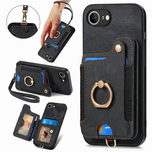 Dteck for iPhone 16e Case Wallet with Card Holder, RFID Blocking PU Leather Protective Case with Ring Holder Stand Wrist Strap for iPhone 16e 6.1 Inch 2025,Black