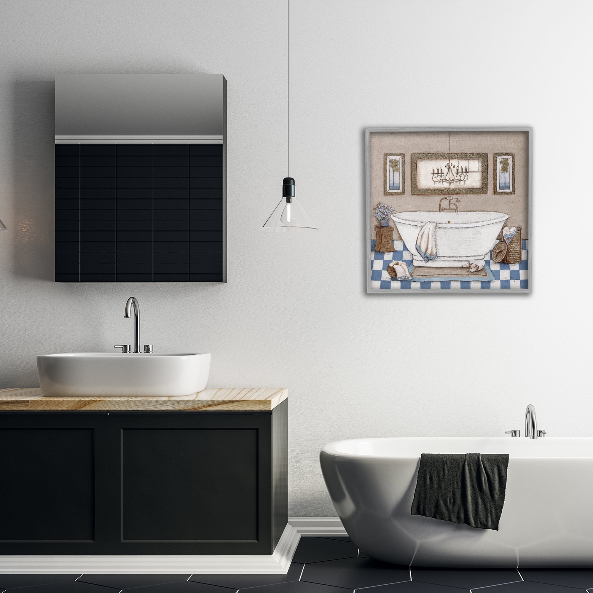 Stupell Industries Checkered Bathroom & Chandelier Gray Framed Giclee Art, design by Janet Tava