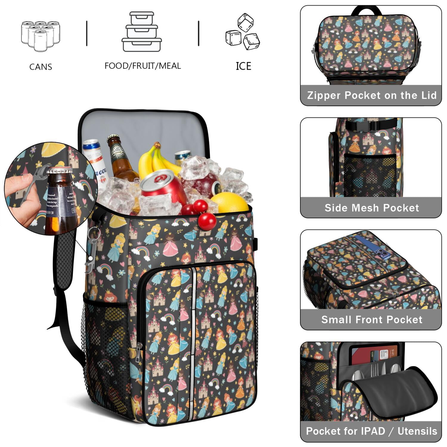 Travel Cooler Bag - Black Princess Castle Pattern Camping Beer Cooler Backpack with Bottle Opener- Waterproof Insulated Picnic Backpacks - Cooler Bag for Beach