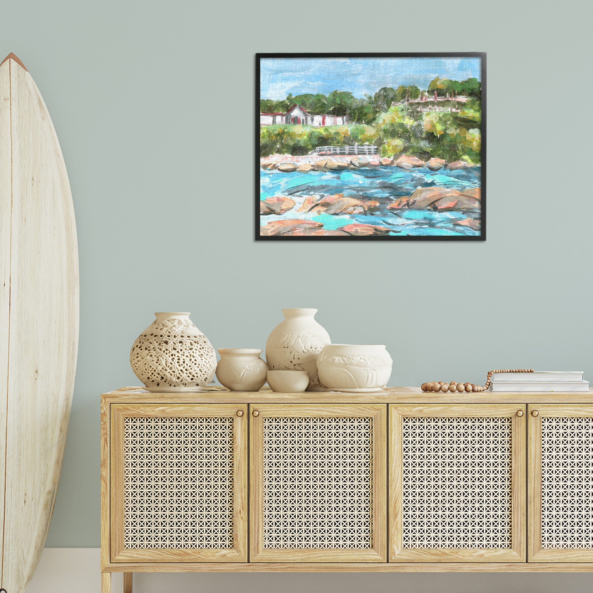 Stupell Industries Rocky Nautical Landscape Landscape Painting Black Framed Art Print Wall Art, 30 x 24
