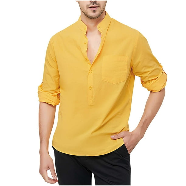 Blusa y camisa de manga larga con cuello vuelto para hombre, informal, con botones, de lino y algodón, a la moda.