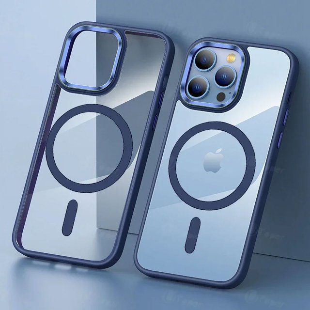 New Acrylic Clear Pink Metal Frame Protector Case For iPhone 16 15 14 Plus 16 13 12 11 Pro Max Magnetic Wireless Charging Cover navy blue For iPhone 12 12Pro