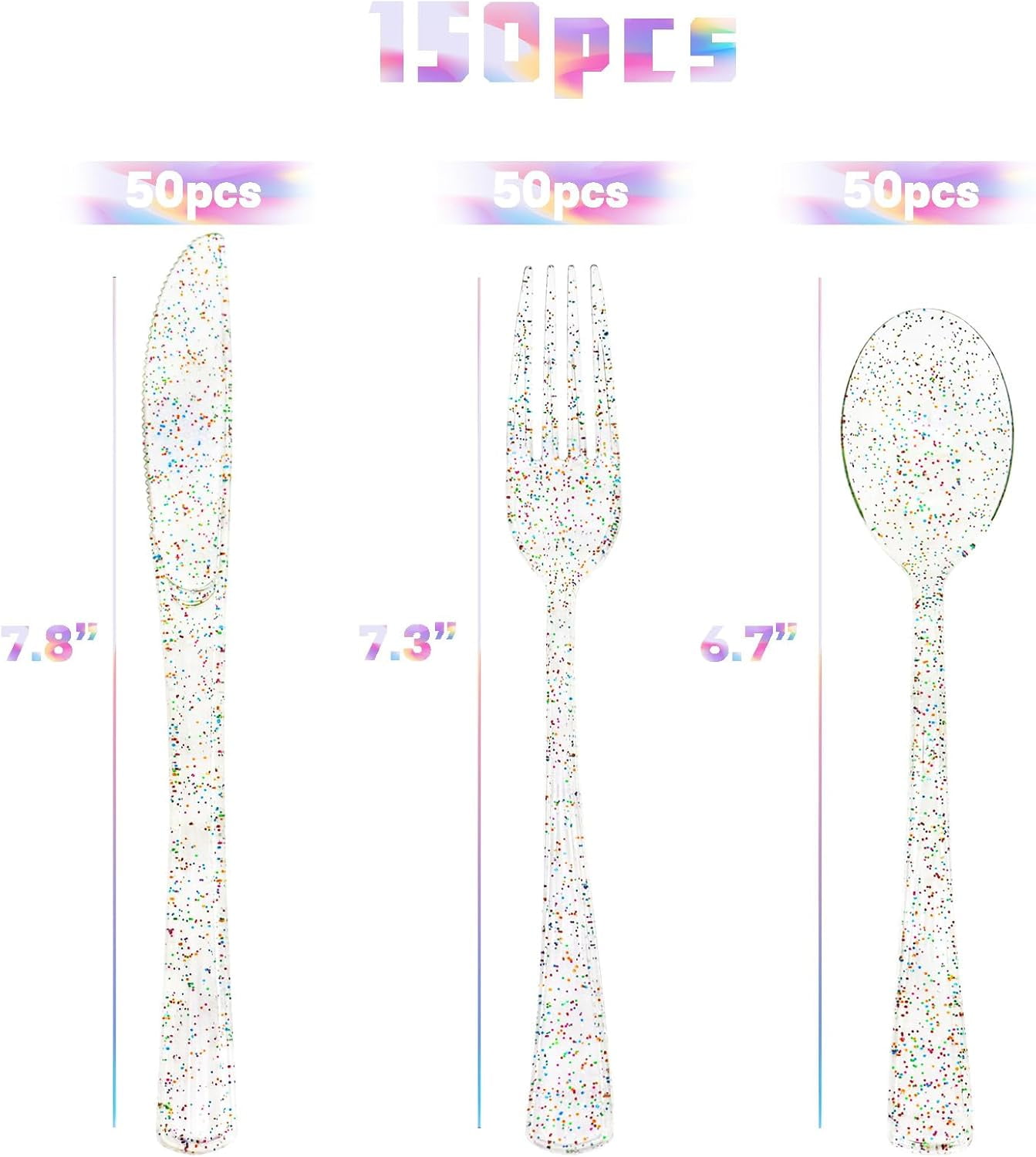 150 Pack Clear Plastic Silverware - Disposable Cutlery with Colorful Design, Includes 50 Forks, 50 Knives, 50 Spoons for Birthday, Wedding, Baby Shower