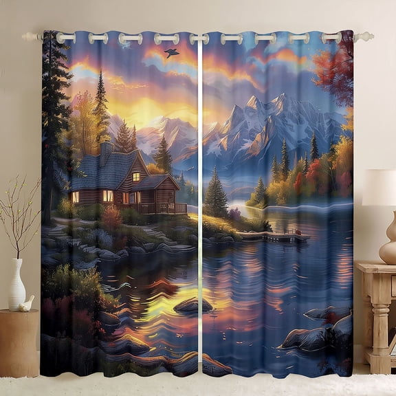 Manfei Lake House Black Out Curtains for Boys Girls,Rustic Cottage Curtains Pack of 2 (42x63 Each),Nature Scenery Bedroom Curtains,Ultra Soft Home Decor