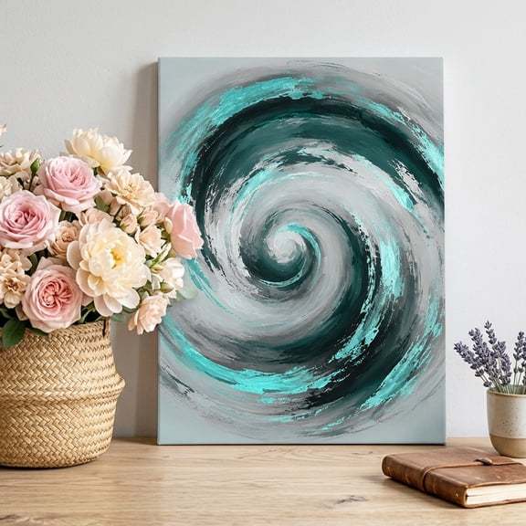 Abstract Swirl Canvas Wall Art, Modern Minimalist Teal Grey Spiraling Waves Pictures Wall Decor Wooden Framed Artwork Art Prints for Living Room Hallway Bedroom Office 12"x18"