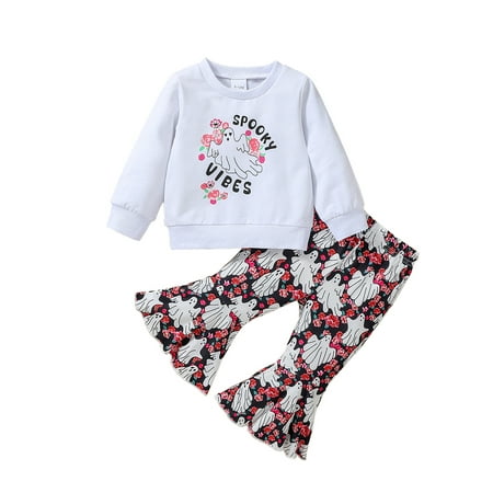 

Binshrliy 2pcs Toddler Baby Girl Halloween Outfits Pants Set Letter Long Sleeve Sweatshirt Tops + Flare Trousers 6M 12M 18M 24M 3T 4T Kids Casual Clothes
