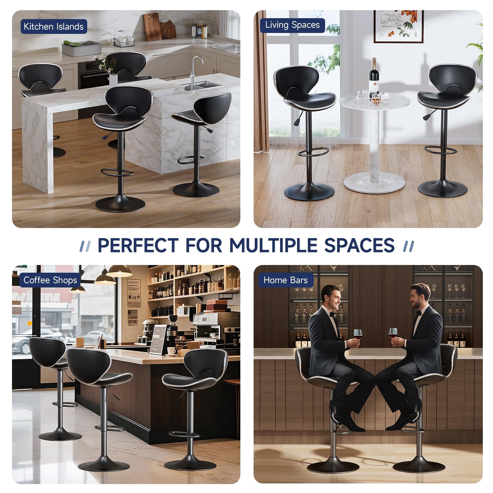 Adjustable Swivel Bar Stools Set of 2 , Modern PU Leather Upholstered Bar Chairs with Chrome Base for Kitchen Island, Dining Room, Pub, Counter (Black,Black Base)