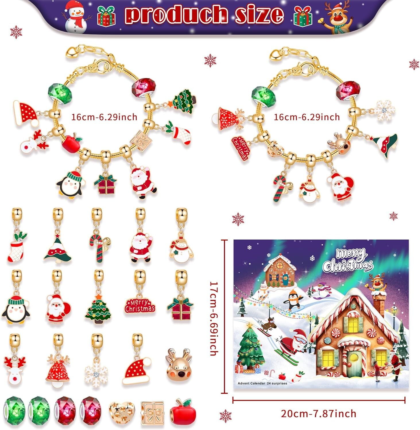 24 Days Christmas Advent Calendar Jewelry Making Kit, DIY Craft Set with Charms, Beads, Bracelet for Kids, Teens, Women