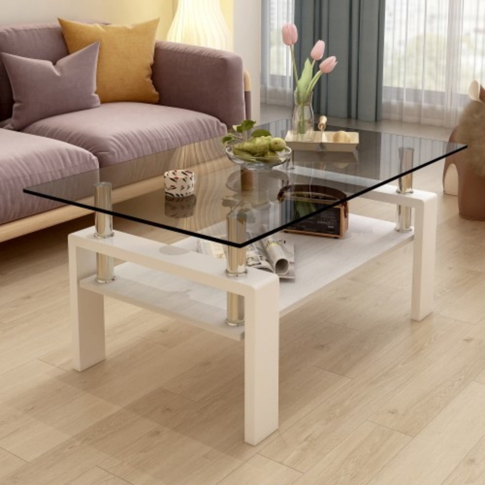 Rectangle Coffee Table, 39.2" Gray Tempered Glass Tabletop with White MDF Storage Shelf and Iron Legs, Modern Clear Glass Center Table for Living Room, 220 lbs