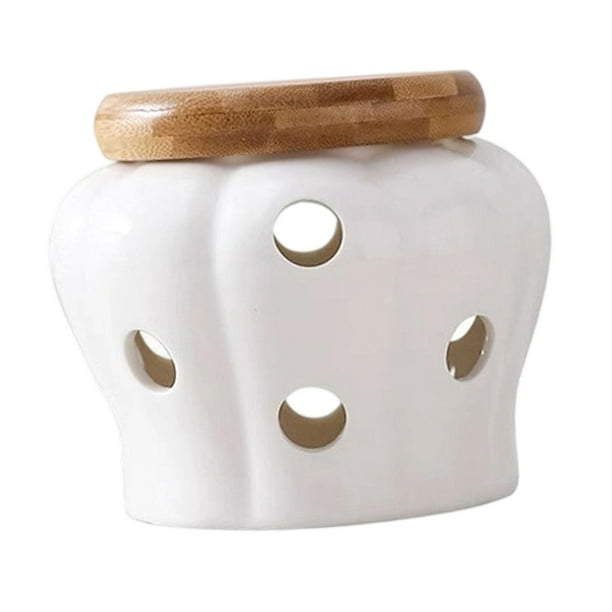 Recipiente para guardar ajos con forma de calabaza, diseño japonés, con tapa de madera de bambú, ideal para hogar y cocina.