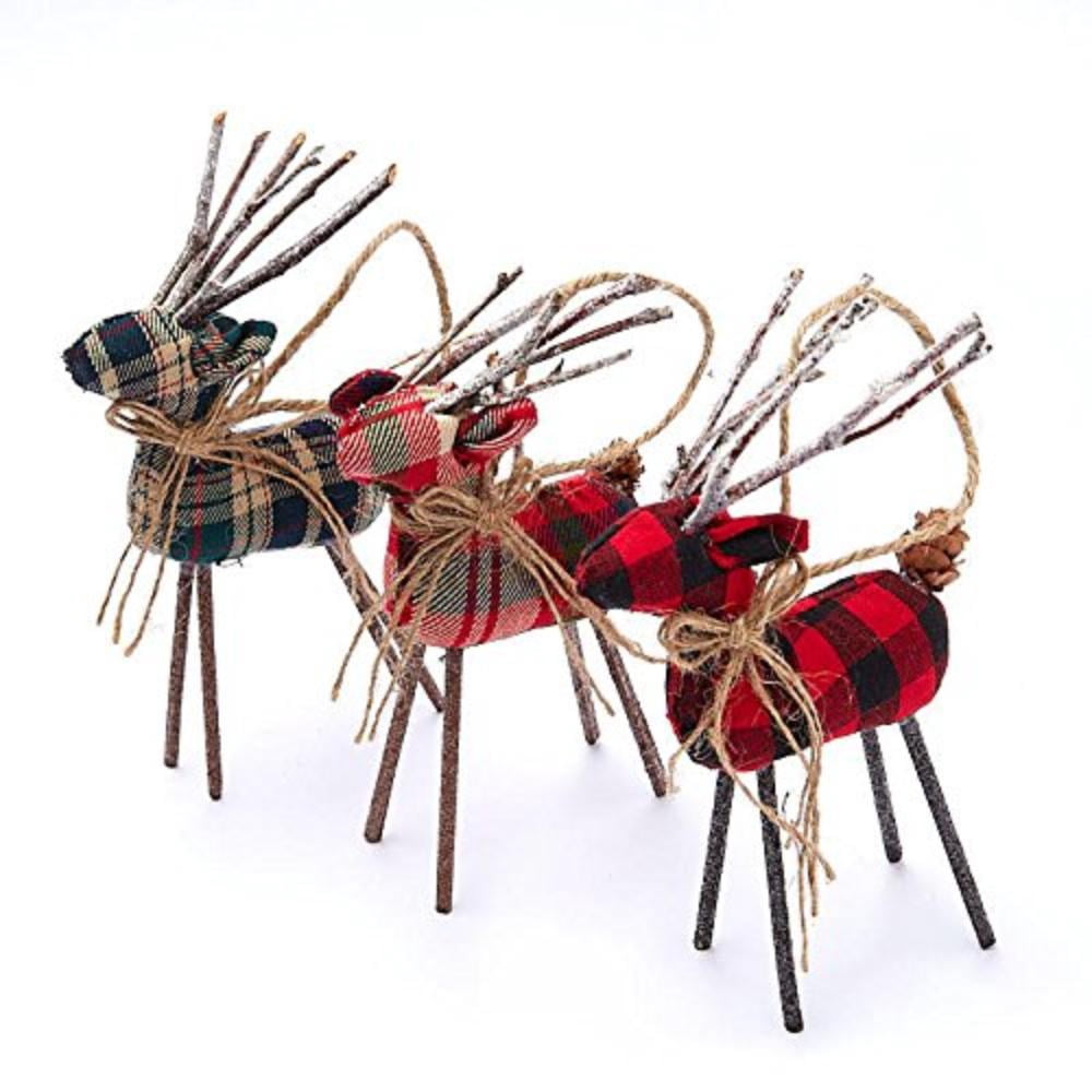 Set of 3 Natural Twig and Plaid Reindeer Ornaments with Pinecone Tails ...