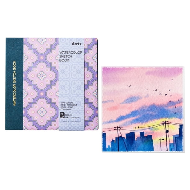 Arrtx Cuaderno de Bocetos Cuadrado de Acuarela, 5.47 x 5.47'' 100% Algodón 140lb/300gsm 24 Hojas Prensado en Frío Libre de Ácido Papel de Acuarela Cuaderno de Acuarela