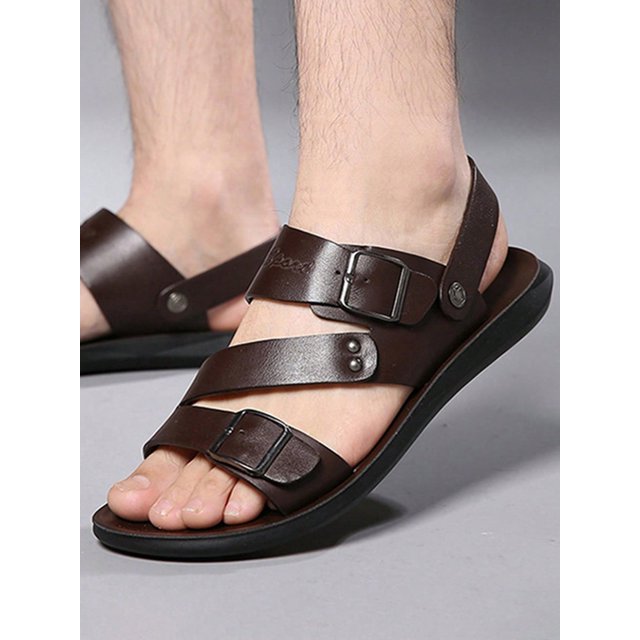Men Studded & Buckle Decor Slingback Sandals, Brown Outdoor Casual Sandals