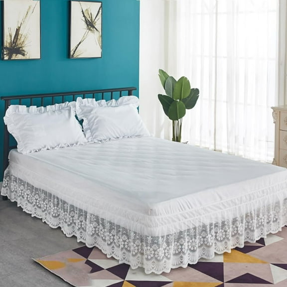 XmhyTop-A 100x200cm Bed Skirt Easy Fit Wrap Around Bed Skirt with Delicate Lace Trim, Solid Color Bed Ruffle,1 Piece,White