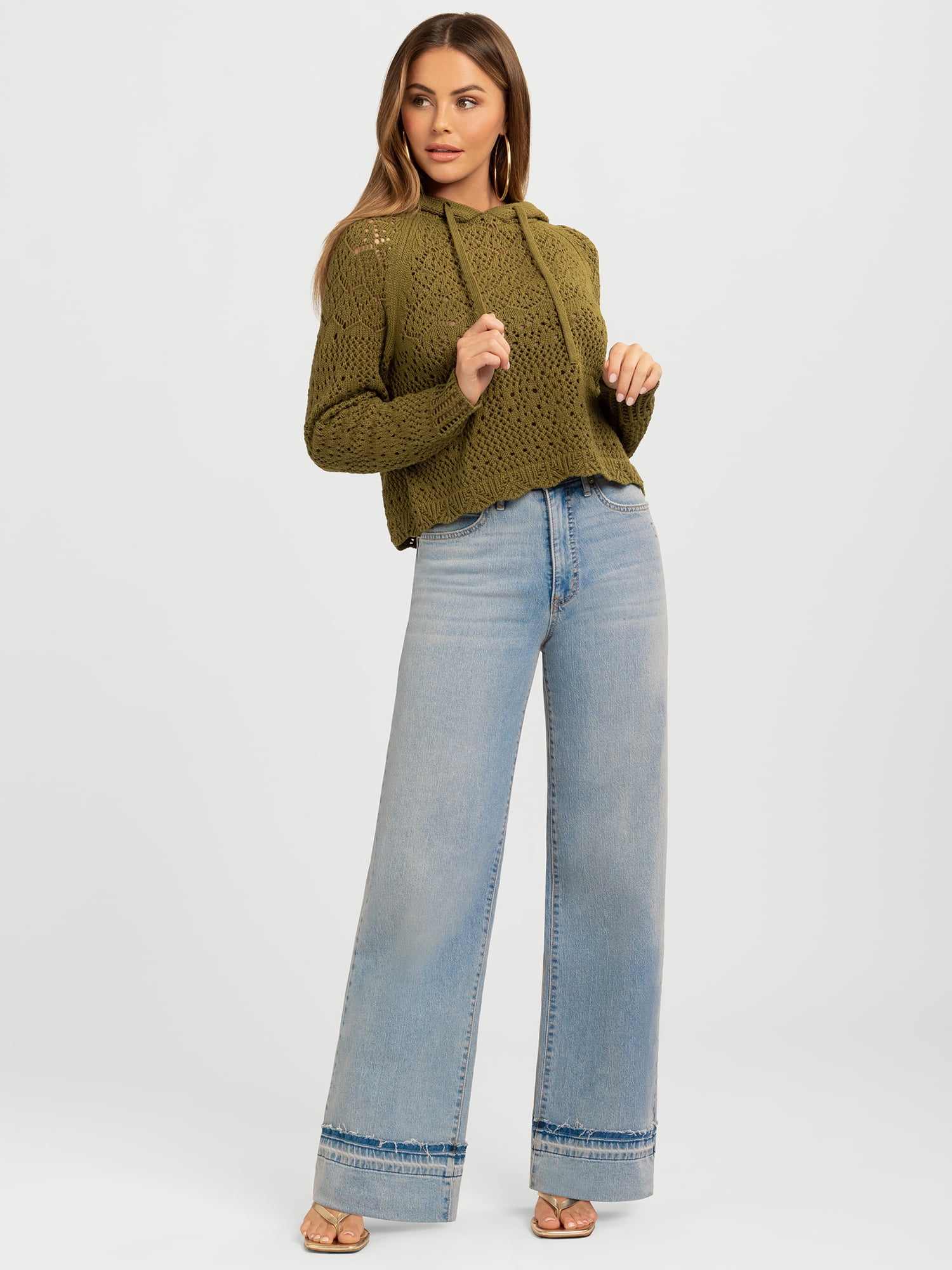 Jessica Simpson Women's Mikaela Pointelle Hoodie Sweater with Long Sleeves, Lightweight, Sizes XS-XL