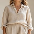 thumbnail image 3 of Morttic Women's 2 Piece Long Sleeve Button Down Shirt & Wide Leg Pants Set – Elegant Solid Color Casual Work Outfit Khaki，S, 3 of 6