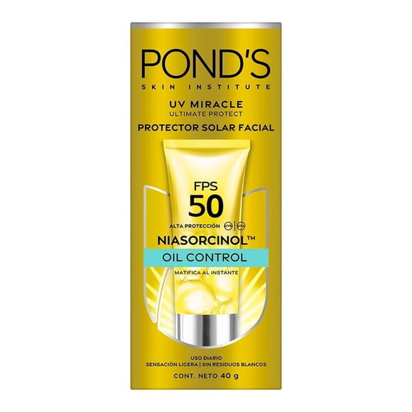 Protector Solar Facial Pond's 50 FPS UV Miracle Oil Control, Piel Grasa con Niasorcinol 40gr