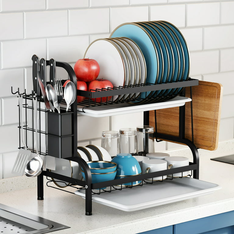 2-Tier Compact Kitchen Dish Rack , Rust-Proof Dish Drainer with