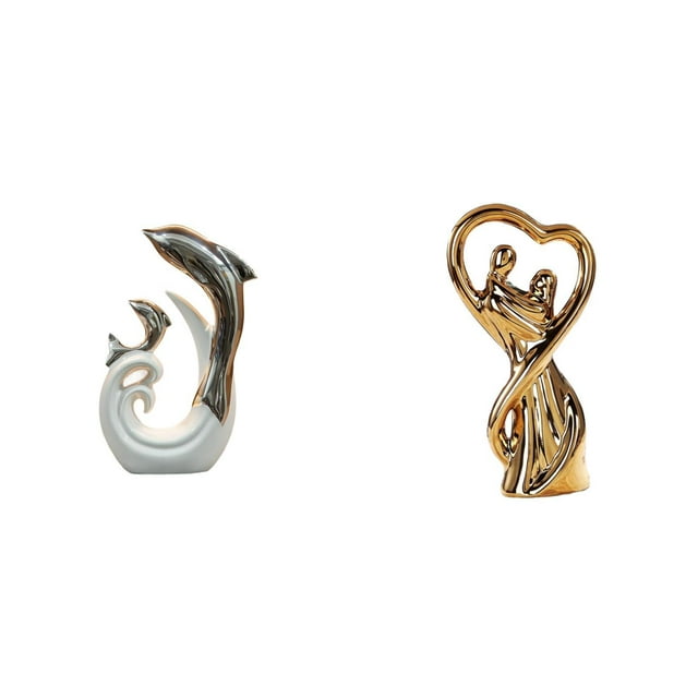 Estatua moderna y abstracta de una pareja de delfines de cerámica, ideal para sala de estar, oficina, chimenea, soporte de TV, mesa de centro, regalo