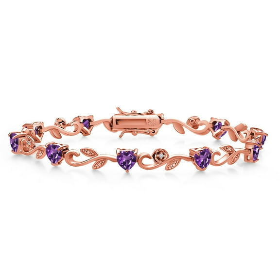 Gem Stone King 18K Rose Gold Plated Silver Heart Shape Purple Amethyst and White Lab Grown Diamond Greek Vine Flower Tennis Bracelet for Women (4.24 Cttw, 7.5 inch)