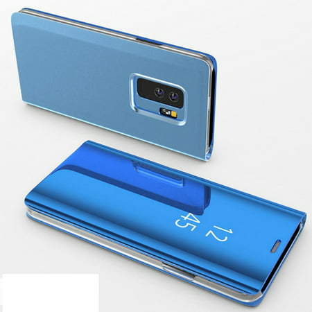 For Samsung Galaxy S9 Sky Blue Translucent Mirror View Hard Plastic Flip Folio Cover Electroplate Stand Protective Bumper