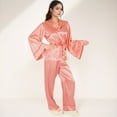 thumbnail image 3 of Women's Printed Satin Pajama Set with Long Sleeve Wrap Top Self-Tie Waist and Full-Length Relaxed Fit Lounge Pants - Red, Large, 3 of 7