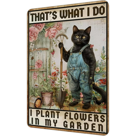 Garden Metal Sign, That's What I Do I Plant Flowers In My Garden Funny Cat Sign Retro Backyard Fence Poster, Vintage Yard Gardening Decor Outdoor, Gardening Gift for Woman, Grandma 8"x6"