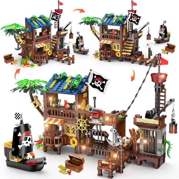 Juguete de construcción CUBIMANA, estilo 3, muelle de barcos piratas con LED, 781 unidades