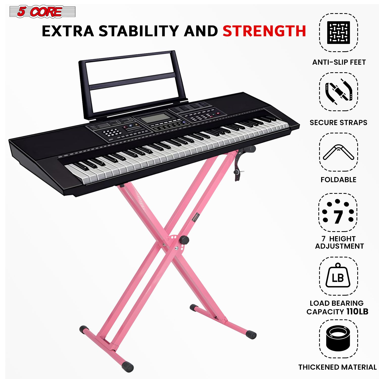 Piano Keyboard Stand Double X Style Heavy Duty Adjustable Digital Electric Piano Riser Durable & Sturdy Music Synthesizer Holder Stands For 61 76 88 Keys w Secure Locking Strap - KS 2X