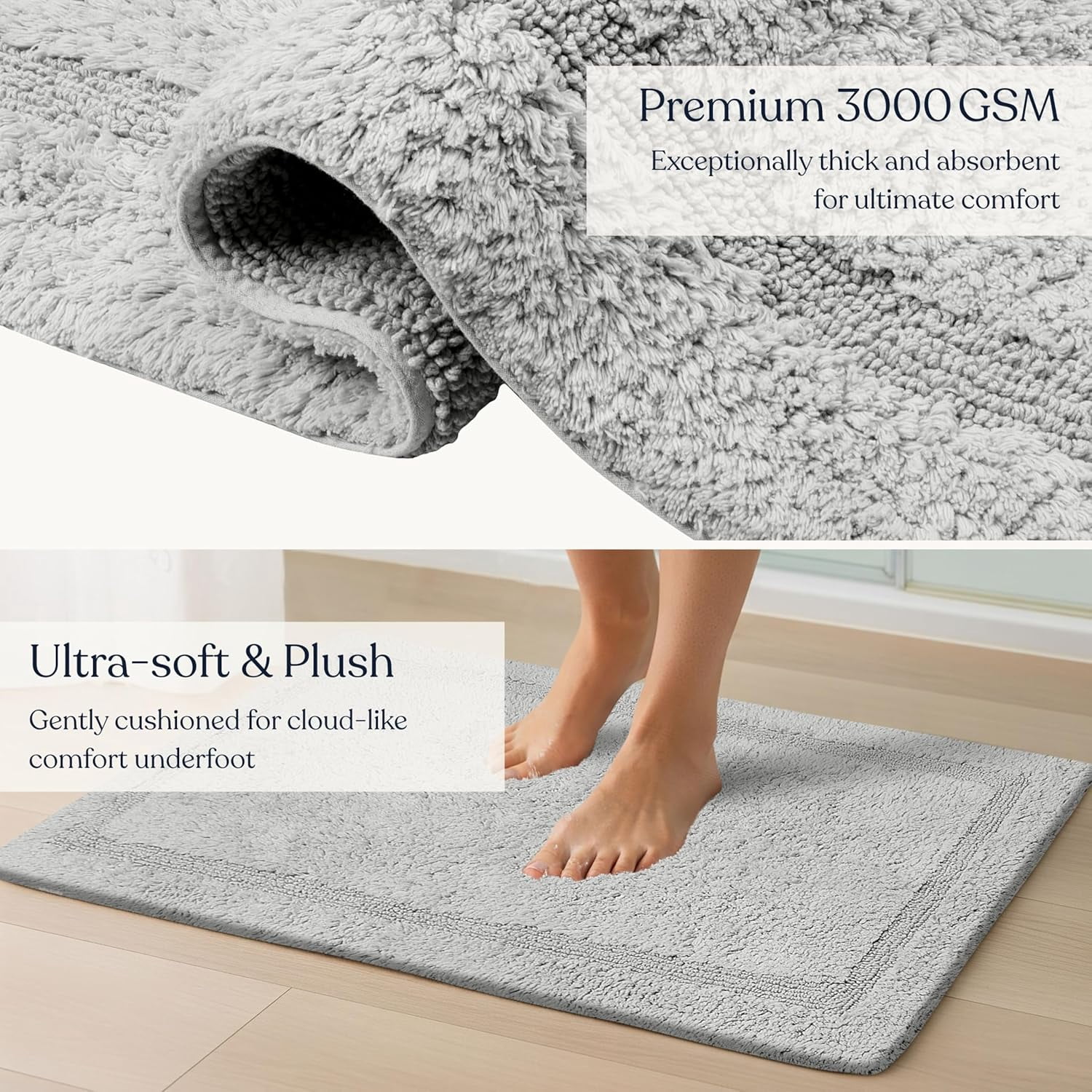 Delara Organic Cotton Reversible Bath Mat – 3000 GSM, GOTS Certified, Ultra-Thick & Super Absorbent | Soft, Plush & Quick-Drying Bathroom Rug