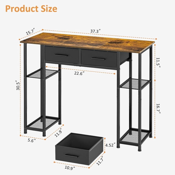 Computer Desk with Drawers, 37.3 Inch Home Office Work Desk with Storage Shelf for Small Space