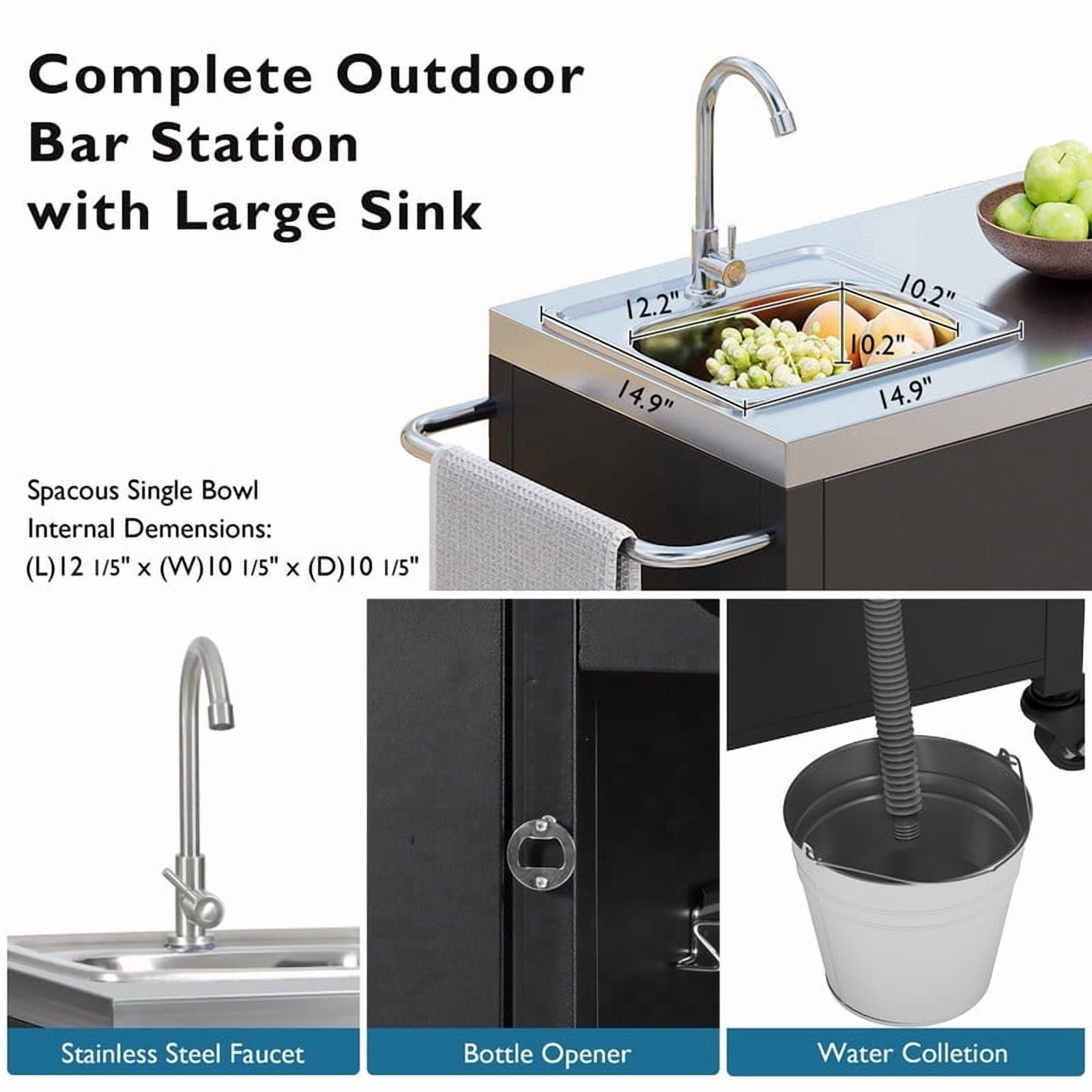 Outdoor Kitchen Island with Sink and Stainless Steel Top, Metal Grill Cart Table with Adjustable Shelf and 4 Lockable Wheels for Pizza Prep & BBQ, L 55.5" x W 20" H 36.7"