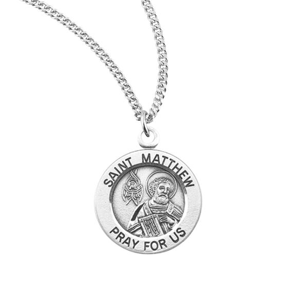 Sterling Silver Patron Saint St.Matthew Medal Pendant Necklace in 18 Inch Rhodium Plated Stainless Steel Chain, Deluxe Velvet Gift Box - Made in USA