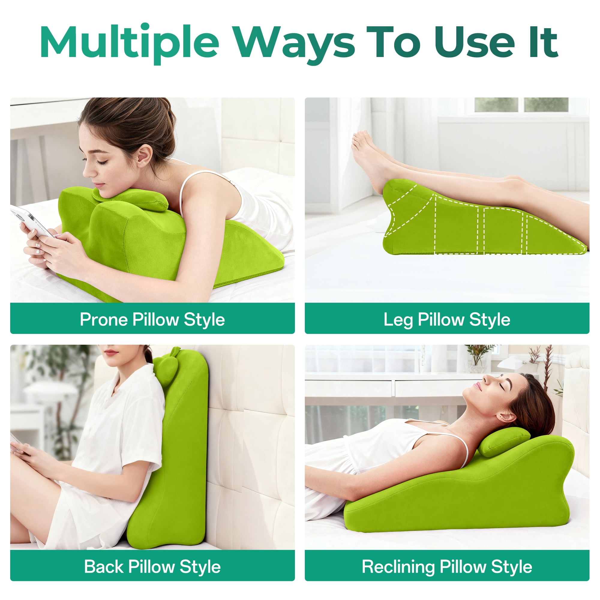 Ergonomic Contoured Bed Pillow for Neck, Back, and Leg Support, Green, 23.6 x 14.1 x 9 in