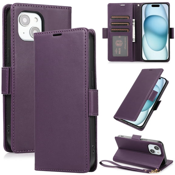 Wallet Case for iPhone 15 with [RFID Blocking] Card Holder Kickstand with Lanyard,Magnetic Clasp PU Flip Leather Shockproof Full-body Phone Case for iPhone 15,Darkpurple