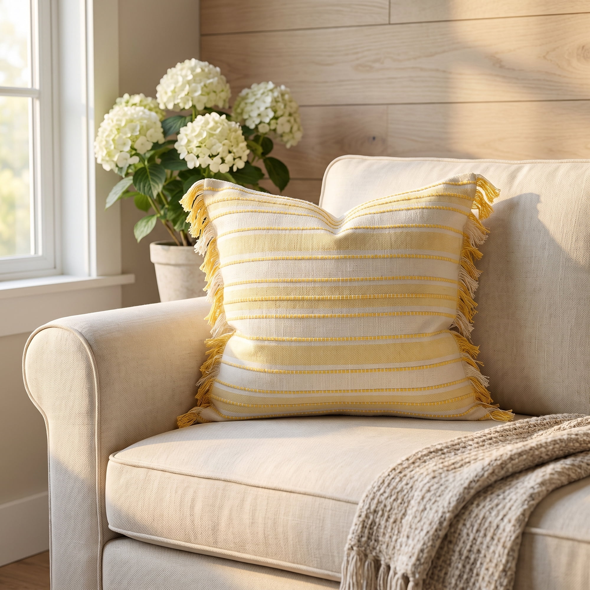 Unique Bargains Boho Stripe Throw Pillow Covers 2 Pack Tassel Cushion Cases Yellow 18"x18"