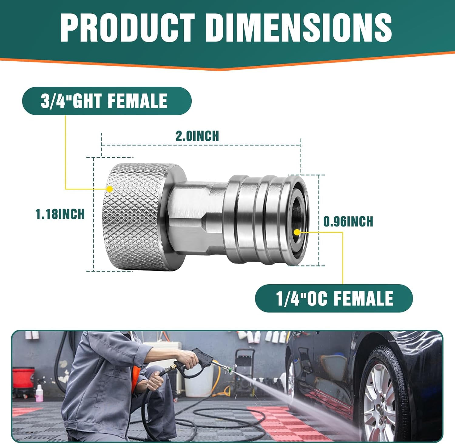FRKSMD-Garden Hose to Pressure Washer Adapter, 3/4" GHT to 1/4" Quick Connect, Converter for Car Washing, Nozzle & Outdoor Cleaning (Stainless Steel, Silvery 1 Pack)