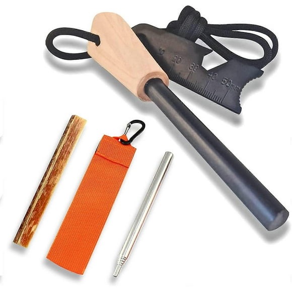 Fire Starter Kit - 5/16 Magnesium Ferro Rod, Multifunctional Steel Striker, Fatwood Fire Starter Sticks, Pocket Fire Bellow, Campfire Tool with Orange