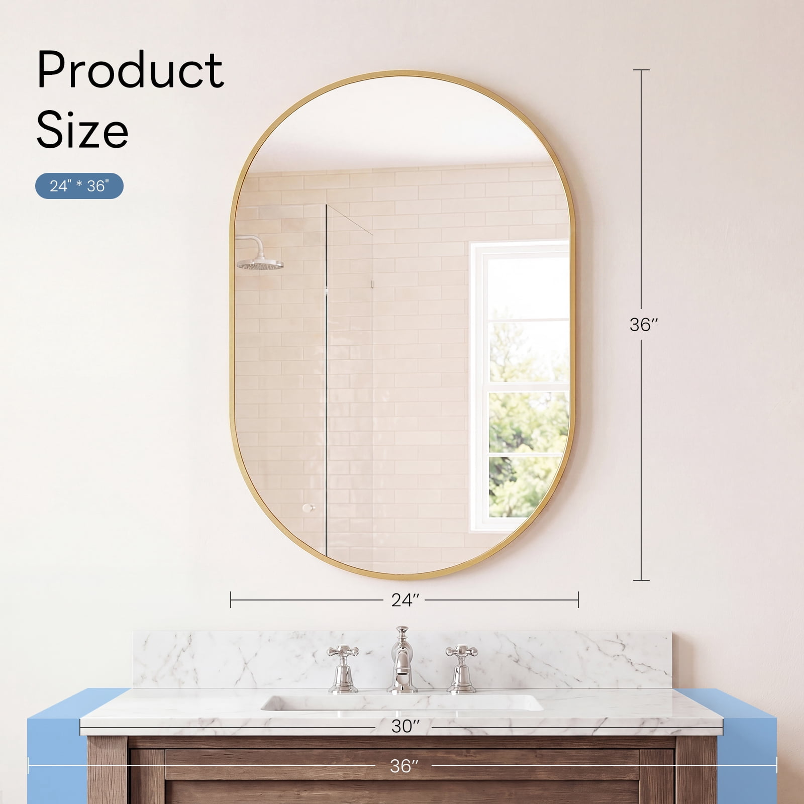 GIANNA 24"x36" Oval Bathroom Mirror – Metal Frame, Elliptical Wall Mirror for Vanity, Gold