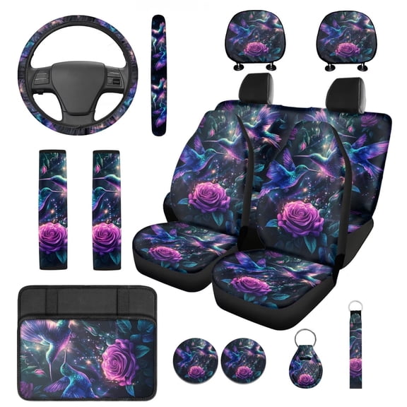 Yuyamidu Hummingbird Car Seat Cover Set 14 PCS Purple Rose Car Headrest Covers Steering Wheel Cover Seat Belt Covers Armrest Pad Cup Coasters Key Ring