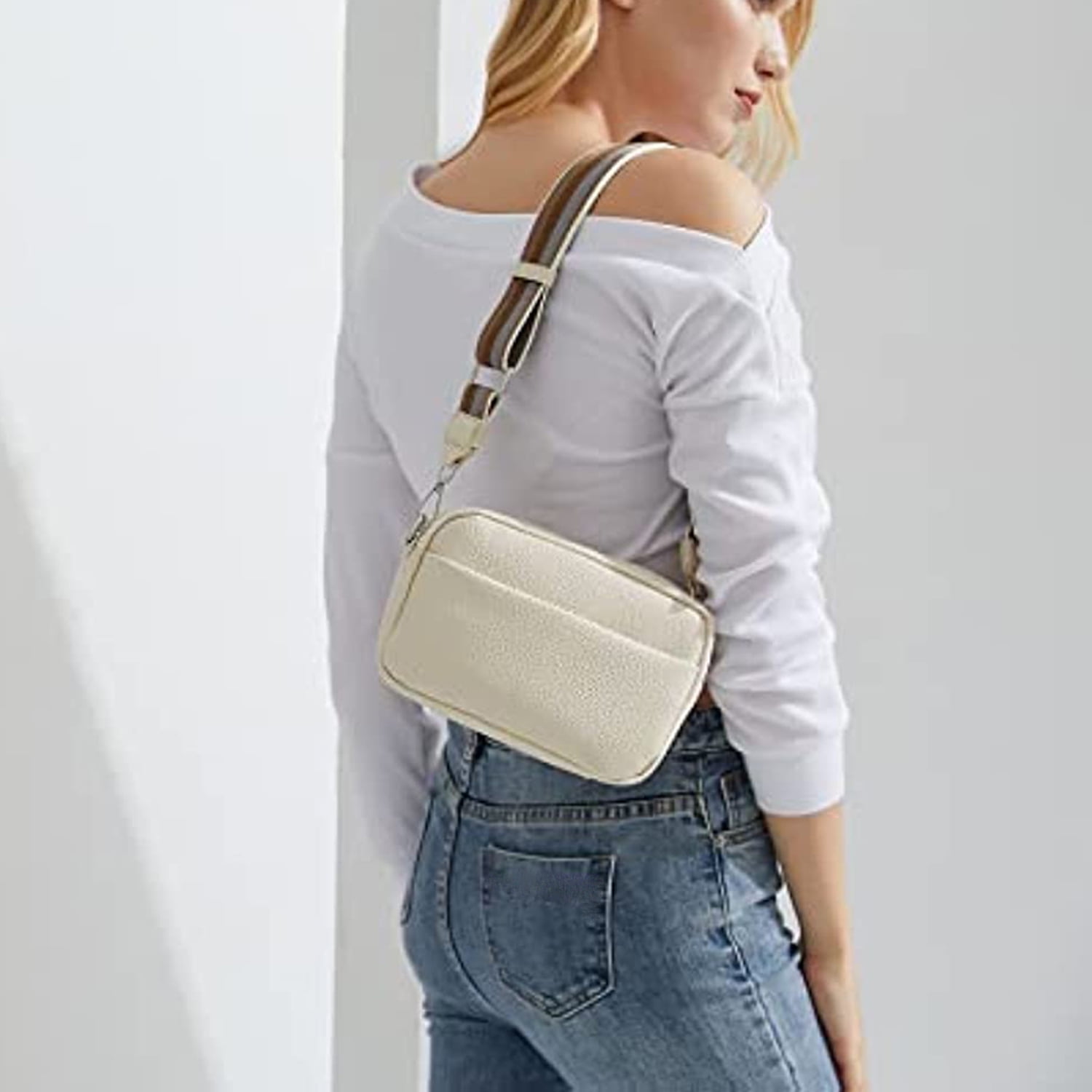 Leather Crossbody Bag for Men Women Muiti-pocket Side Bag Crossbody Purse  Wide Strap Shoulder Bag Camera Purse Top Zip