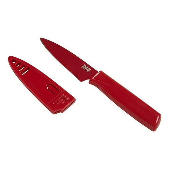 Kuhn Rikon Colori Non-Stick Straight Paring Knife with Safety Sheath, 4 inch, Red