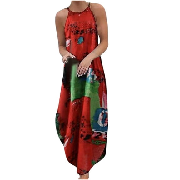 Lilgiuy Women O-Neck Halter printing Sleeveless Casual Slit Loose Long Dress