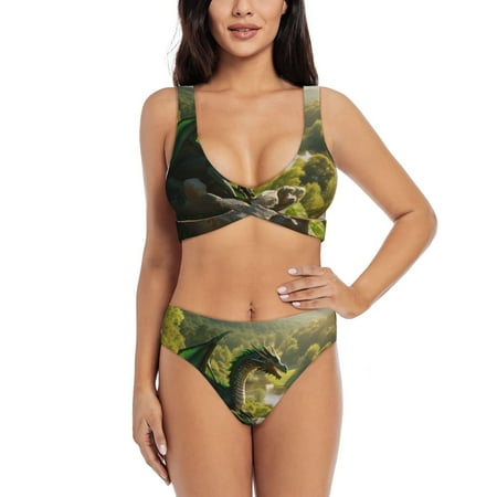Zeuib Deep Forest Stone Green Dragon High Waisted Tummy Control Bikini Set - Knot Front Push Up Top & Cheeky Thong Bottom  Two-Piece Swimsuit for Women-XX-Large