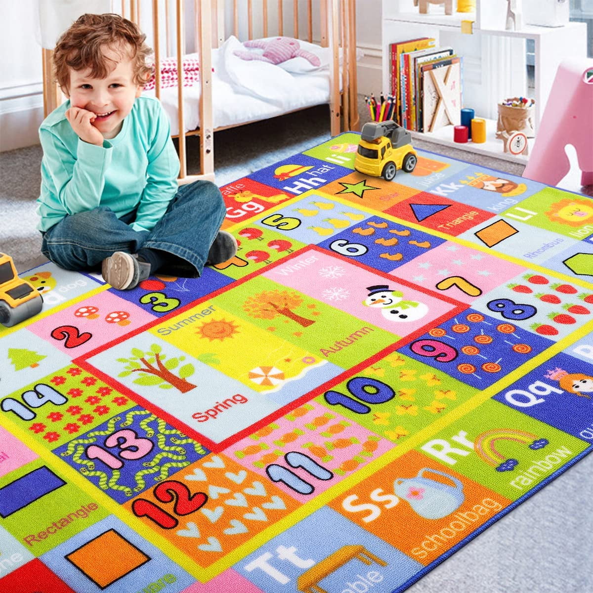 Noahas Kids Carpet Playmat Rug with Numbers, Shapes, Animals Pattern, Children Learn and Educational Rugs, Non Slip Play Rug for Nursery Bedroom Play Room, 4x6 Feet