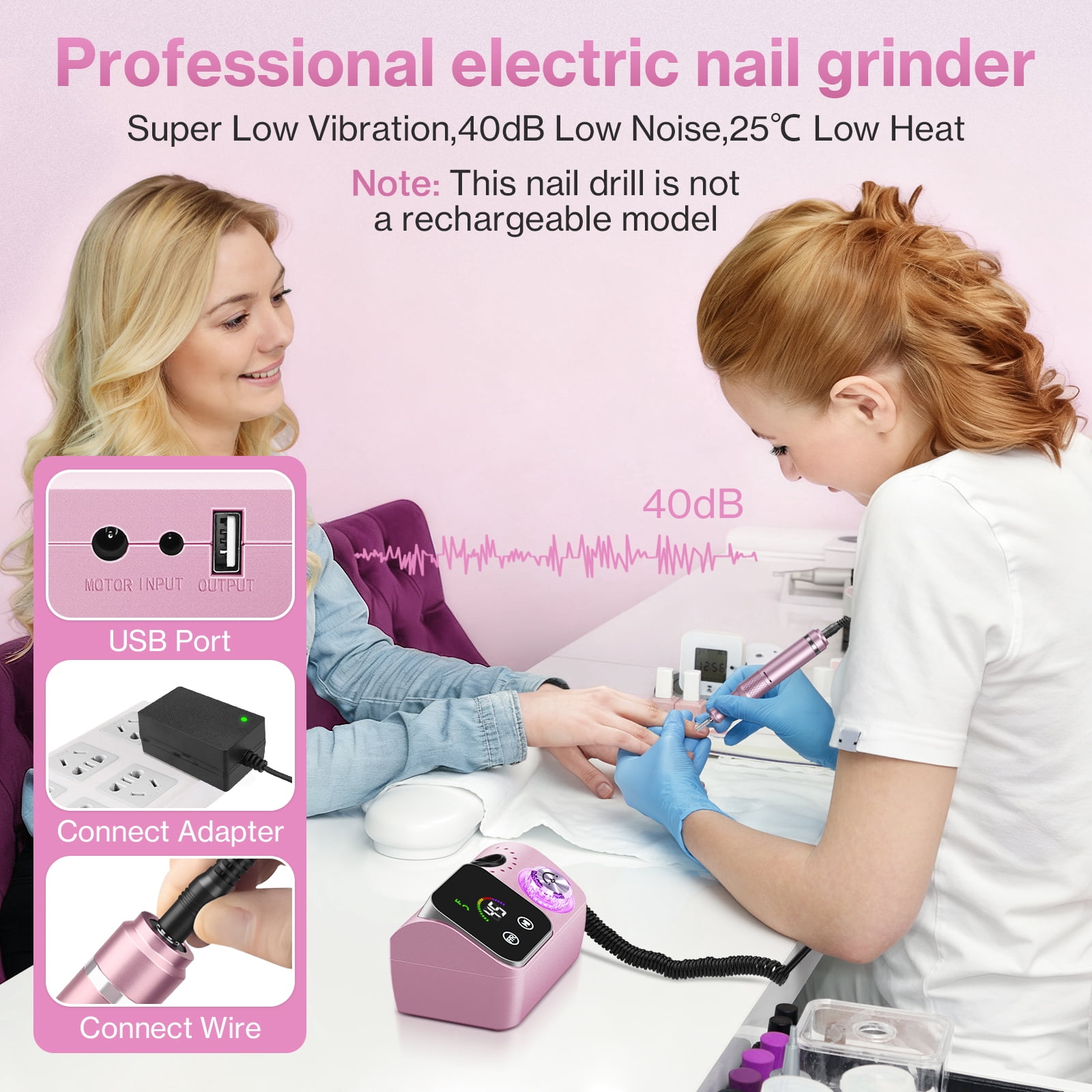 Electric Nail Drill Professional 45000RPM, Smart Touch Display Electric Nail File, Nail Drill Kit for Remover Acrylic & Gel Nails Manicure for Salon Home,Pink