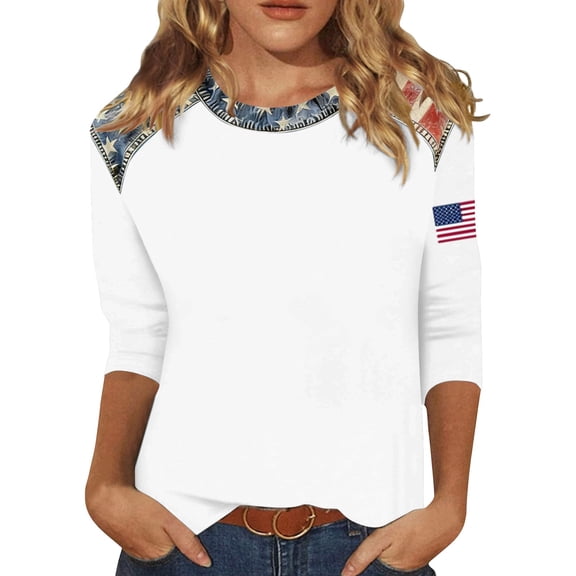 DHFJKG US National Flag T Shirt Women Independence Day Tee Shirts 3/4 Sleeve 4Th Of July Celebration Top