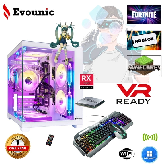 EVOUNIC High-Performance Gaming Desktop PC, AMD Ryzen 5 5500, AMD Radeon RX 580 Graphics Card, 16GB DDR4 RAM, 1TB SSD, 650W Power Supply, WiFi 6/BT 5.4, Windows 11 Pro