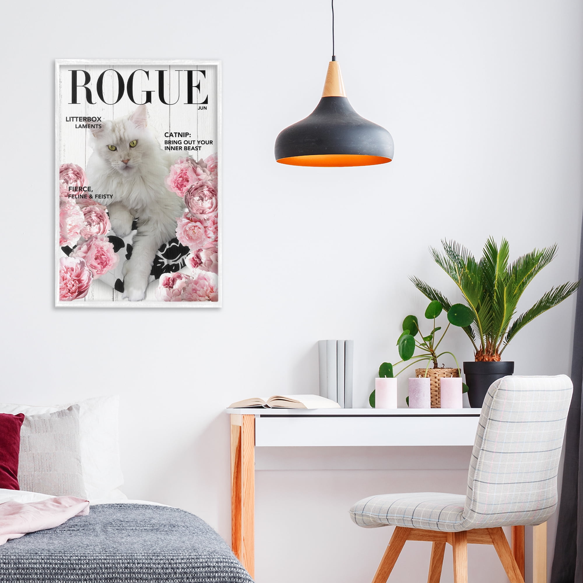 Funny Floral Cat Magazine White Framed Giclee Art, design by Sasha